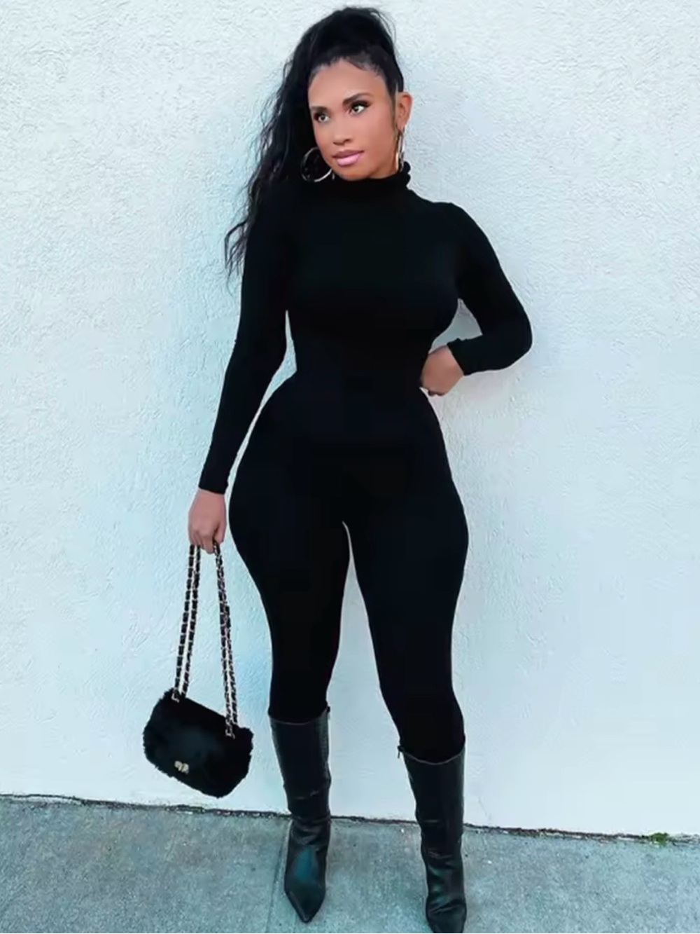 Sleek Black Long-Sleeve Jumpsuit